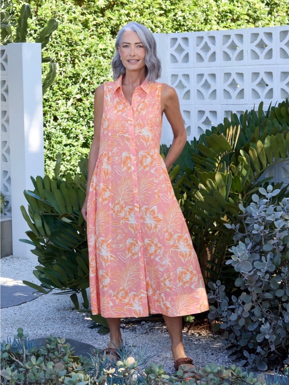 Aurelia Coral-Peach Tropical Print Sleeveless Midi Dress